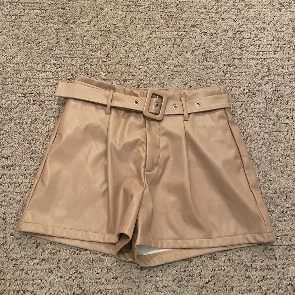 Women’s Faux Leather Tan Belted Shorts